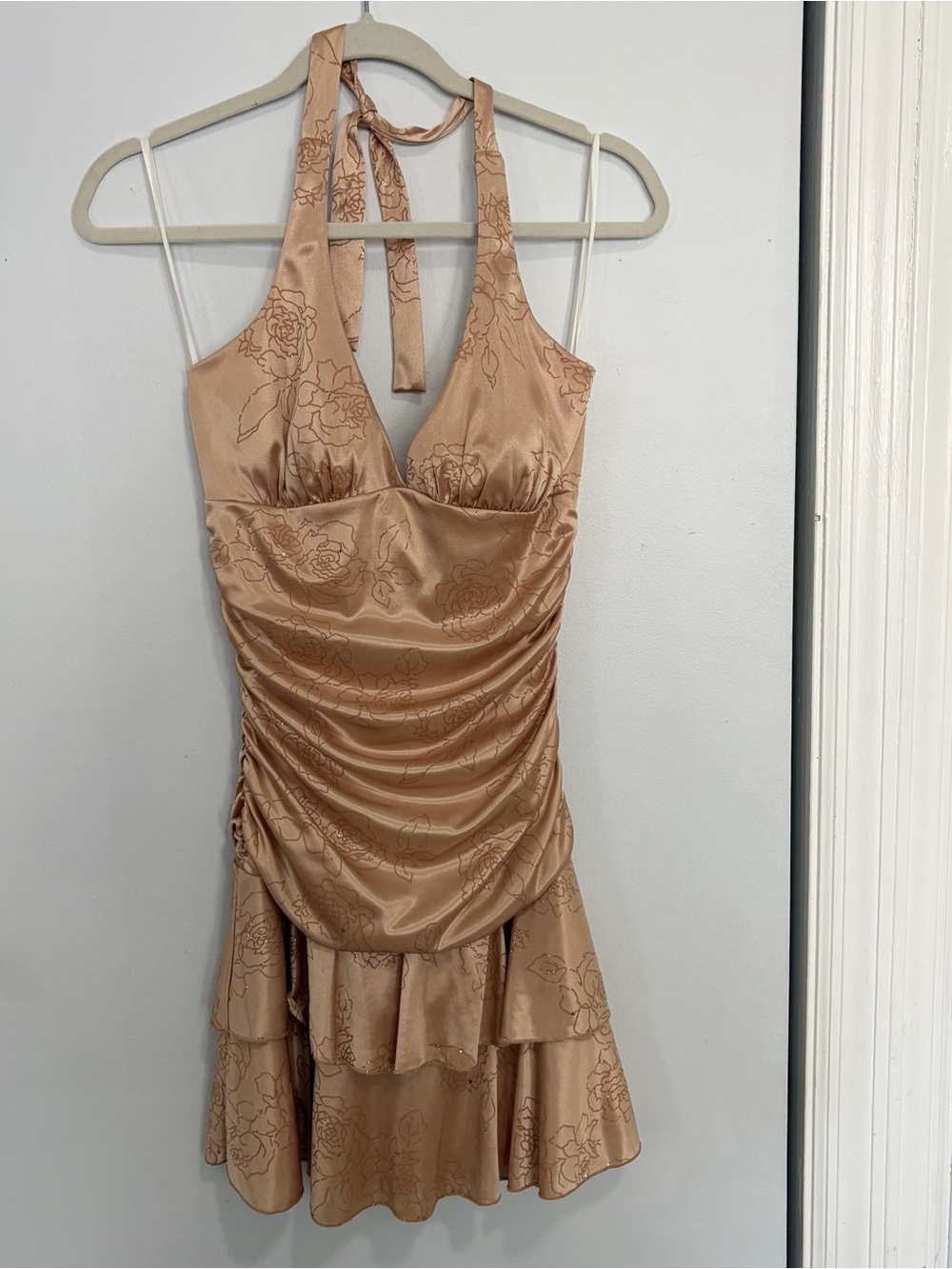 Vintage Y2K Satin Mini Halter Dress Ruched Nude Ruffle Floral Glitter Women S